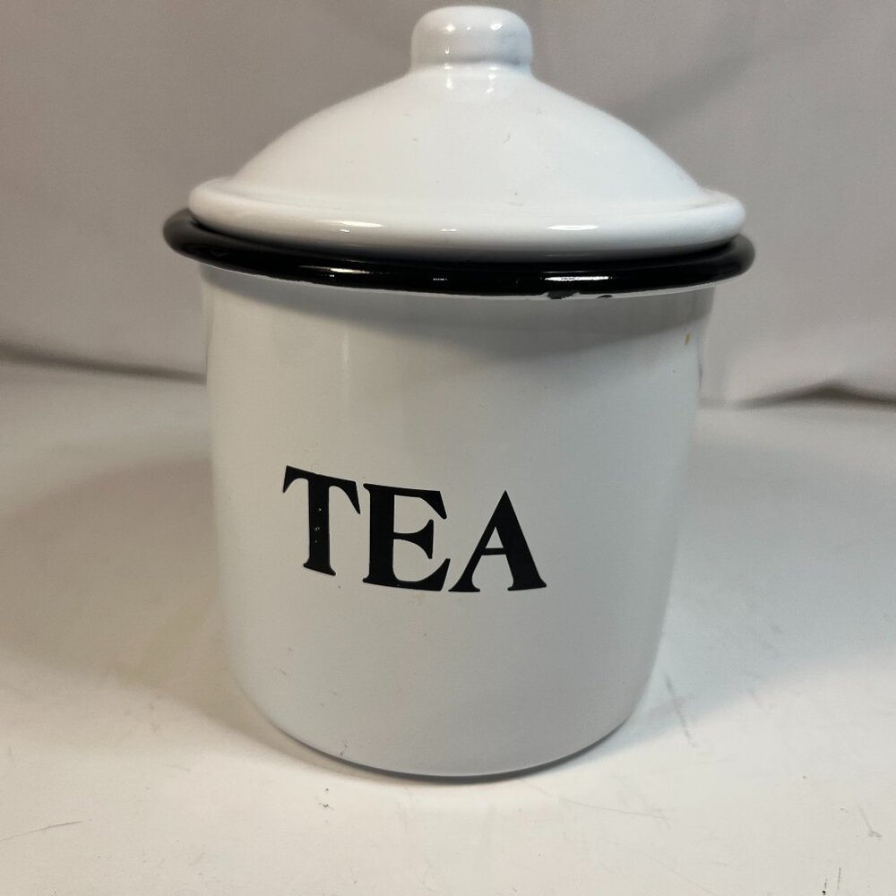 Tea White Enamel Canister Metal Market Square Rustic Farmhouse Kitchen Decor